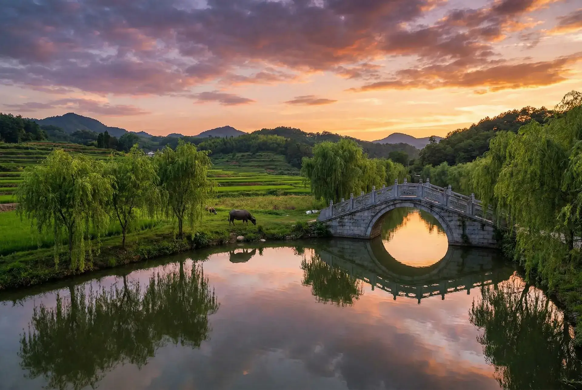 夕阳下的石拱桥与垂柳，水牛在河边吃草 - 加藤英子 乡村美景